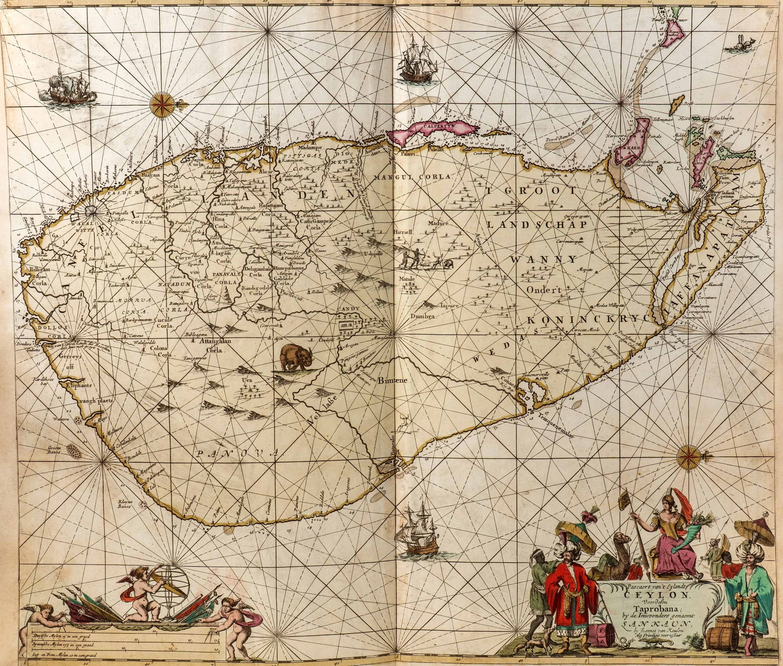 Antique Van Keulen sea chart of Ceylon, 'Pascaert van 't Eylandt Ceylon', its rhumb lines radiating from two compass roses.