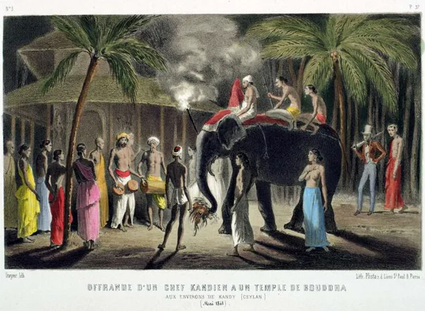 Tinted lithograph after Prince Alexis Soltykoff, 1841, showing a Kandyan chief presenting an offering at a Buddhist temple near Kandy, Ceylon, with the artist looking on in a top hat.