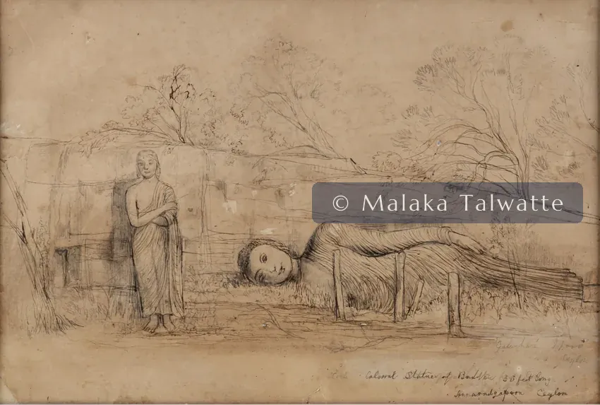 Andrew Nicholl's watercolour of the colossal recumbent Buddha and standing figure of Ananda at Gal Vihara, Polonnaruwa.