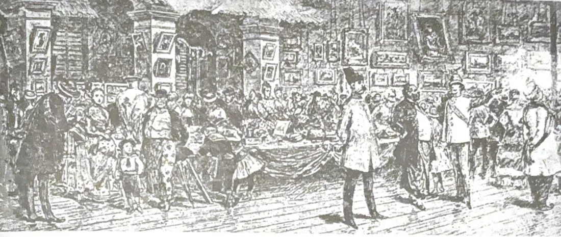 A black-and-white engraving of the first amateur art exhibition at the Coffee Tavern, Colombo, in 1887, a crowd of figures moving among hung pictures.