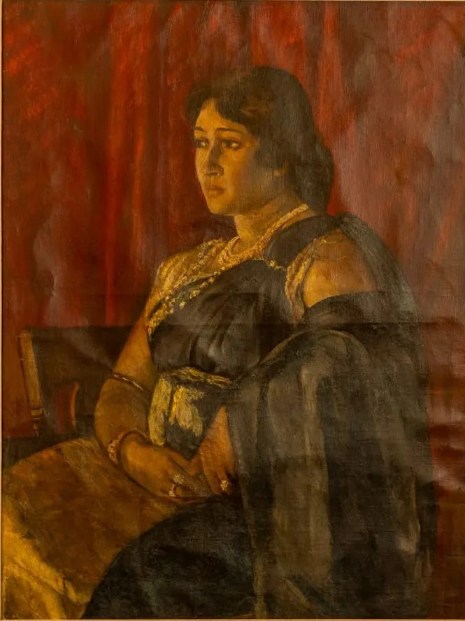 Winzer's oil portrait of Henrietta de Fonseka, a seated woman in dark dress against a warm red ground.