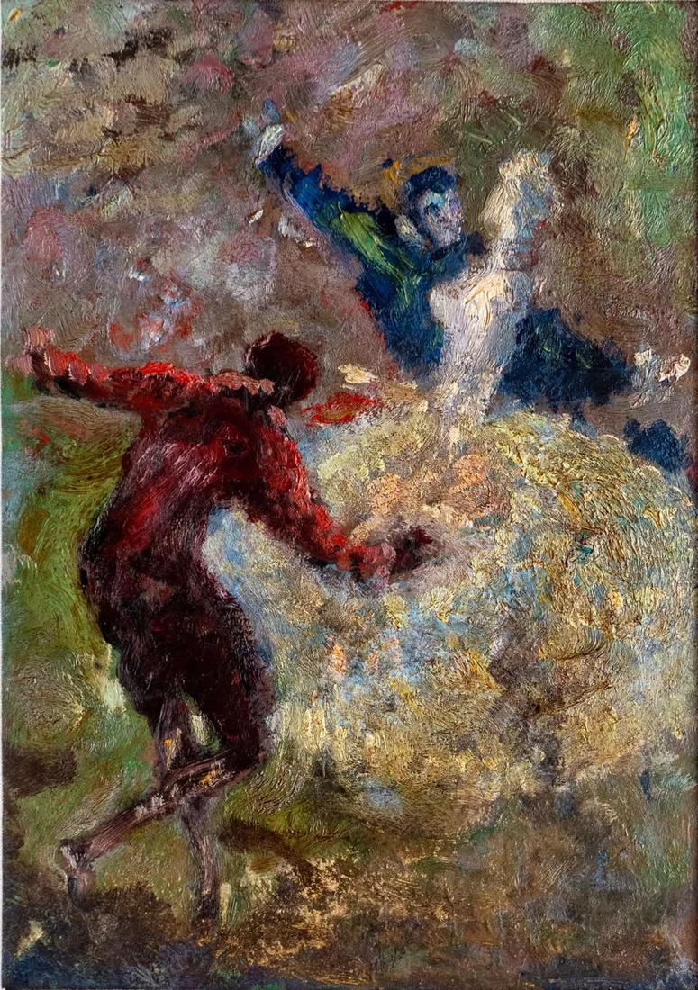 An expressionist painting of dancing figures in reds and blues, made by Winzer in Paris in 1913.