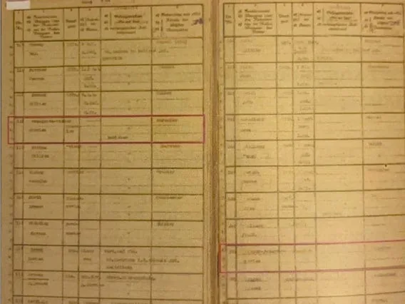 The ledger record of Winzer's internment at the Ruhleben camp near Berlin, ruled columns of handwritten entries.