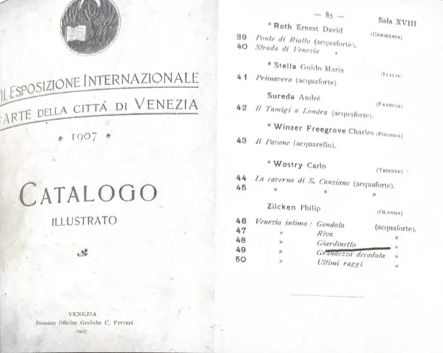 The illustrated catalogue of the 1907 Venice Biennale, its title page and a listing recording Winzer's entry, Il Pavone.