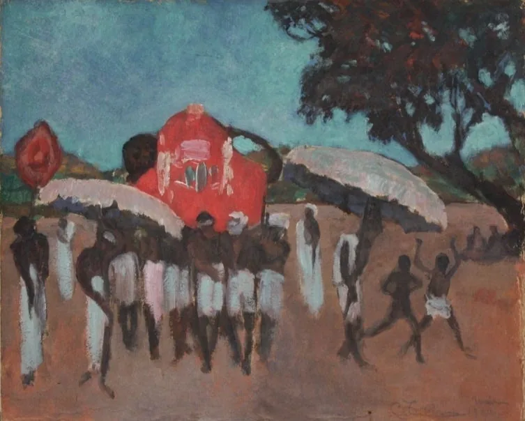Winzer's oil, Cholera Goddess Procession, figures carrying a red canopy through an Indian or Sri Lankan rural landscape.