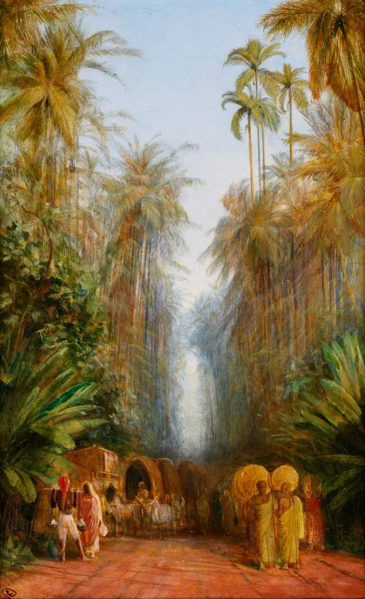 Edward Lear's view of a red road near Galle between tall palms, figures and a bullock cart passing under the trees.