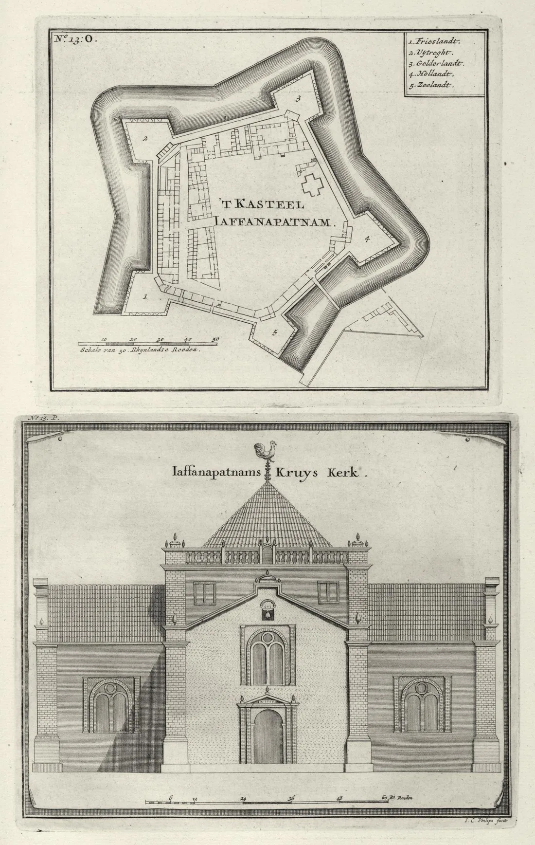 Two engraved plates from Valentijn's 1726 work: the bastioned ground-plan of the castle at Jaffnapatnam above, and the elevation of the Cross Church of Jaffna below.
