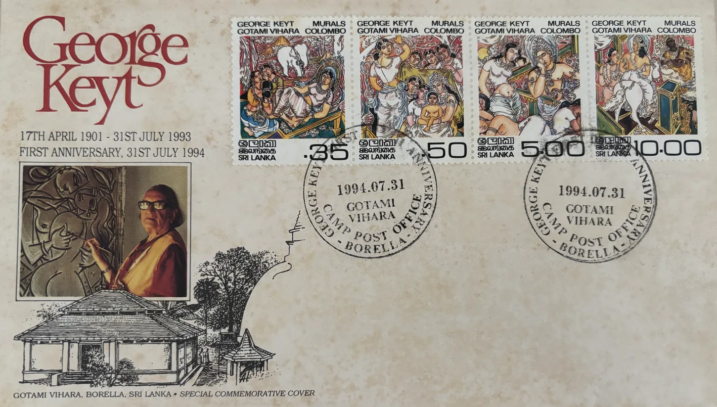 A 1994 first-day cover for George Keyt bearing four stamps that reproduce his Gotami Vihara murals, with a cachet of the artist at work on the wall.