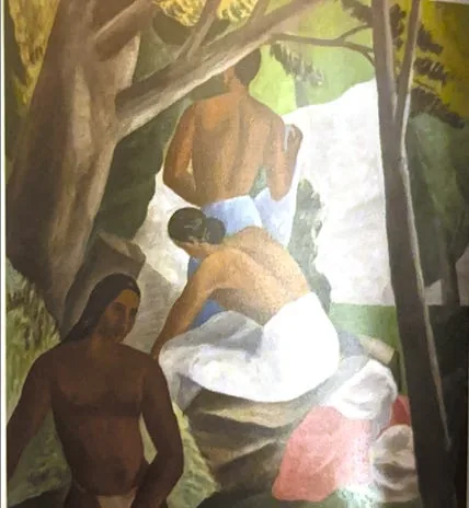 An early George Keyt painting of 1929, bathers in a wooded Kandyan landscape, naturalistic and carefully structured.