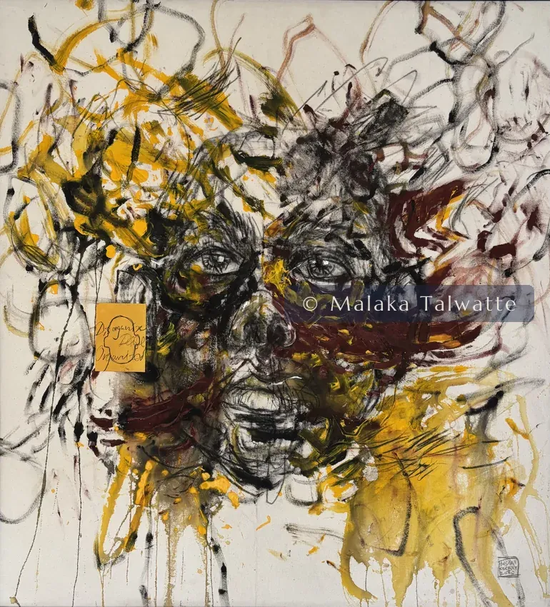 A gestural portrait by Hashan Cooray, a face worked in red, black and yellow washes with dripping lines, from the Talwatte Collection.