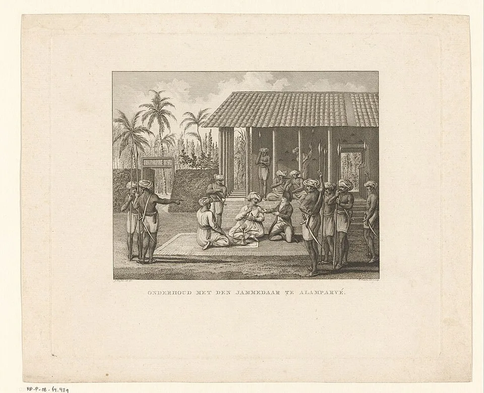 An engraving of an audience scene under a tiled veranda in the Ceylon interior, from Jacob Haafner's travels.