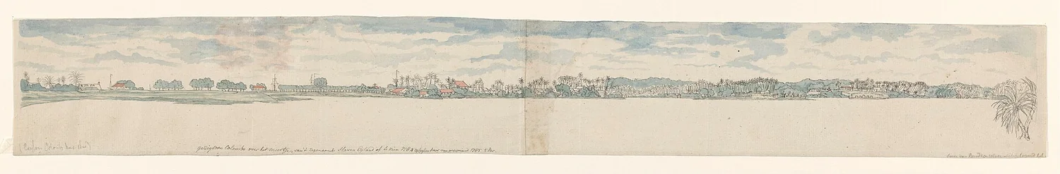 Jan Brandes's 1785 panoramic watercolour of Colombo seen across the water from Slave Island.