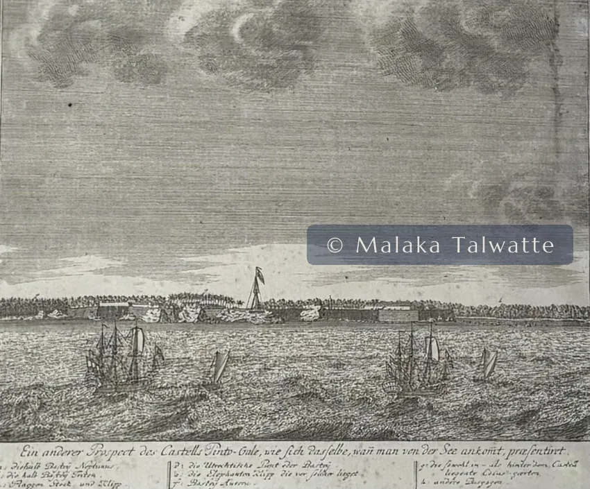 An eighteenth-century engraving by Johann Wolfgang Heydt of a Dutch-period Ceylon harbour and fort, from the Talwatte Collection.