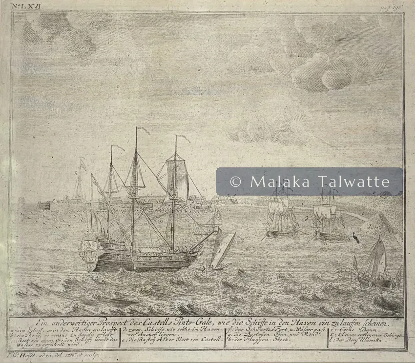 An eighteenth-century topographical engraving by Johann Wolfgang Heydt of a Dutch Ceylon settlement, from the Talwatte Collection.