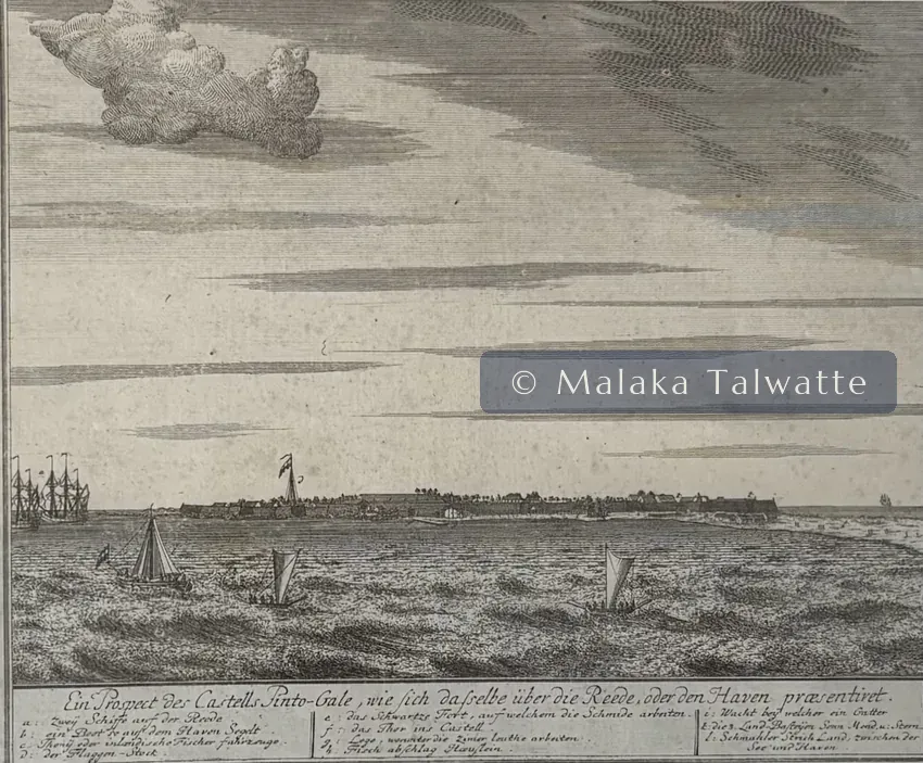 An eighteenth-century engraving by Johann Wolfgang Heydt of a Dutch Ceylon fort and township, from the Talwatte Collection.