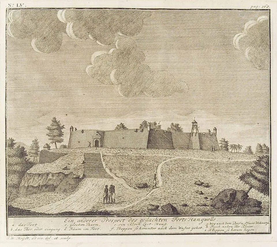 Johann Wolfgang Heydt's 1744 engraving of the Dutch hilltop fort at Hanwella in Ceylon, with figures before it.