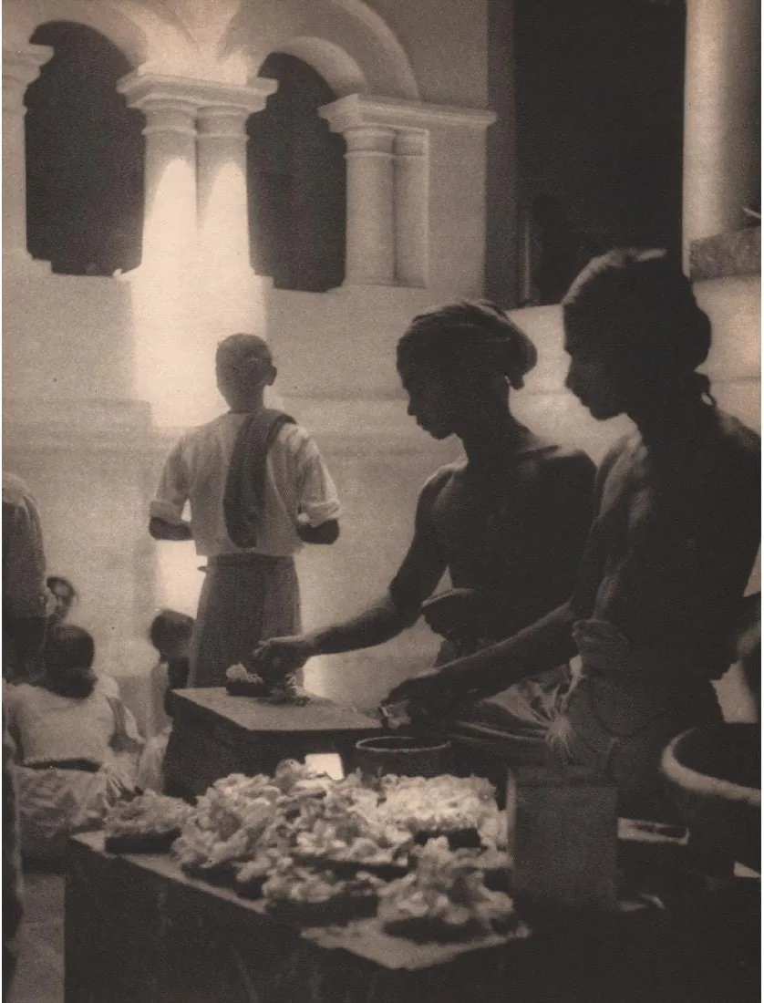 Lionel Wendt, Flower-Stall, Dalada Maligawa, a photograph of a flower seller outside the Temple of the Tooth at Kandy.