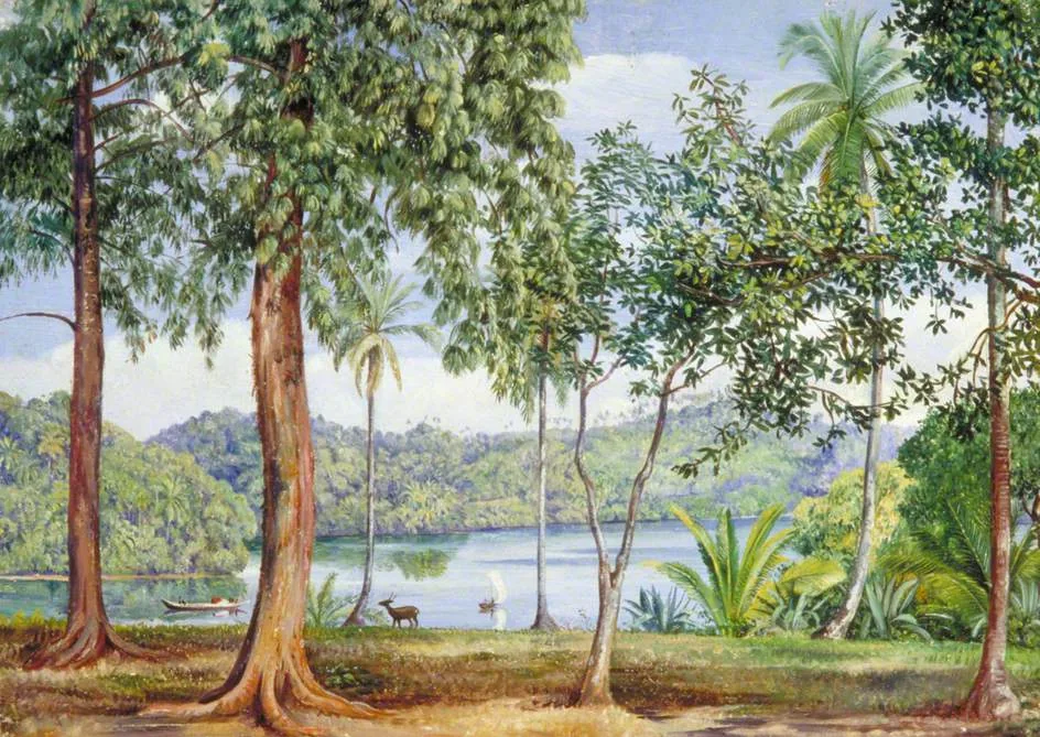 Marianne North's oil-on-paper view from Kalutara, Ceylon, 1877, a lake seen through tall forest trees with deer at the water's edge.