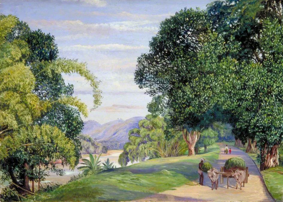 Marianne North's bright oil of trees and a river at Peradeniya, Ceylon, with figures and a bullock cart on a path.