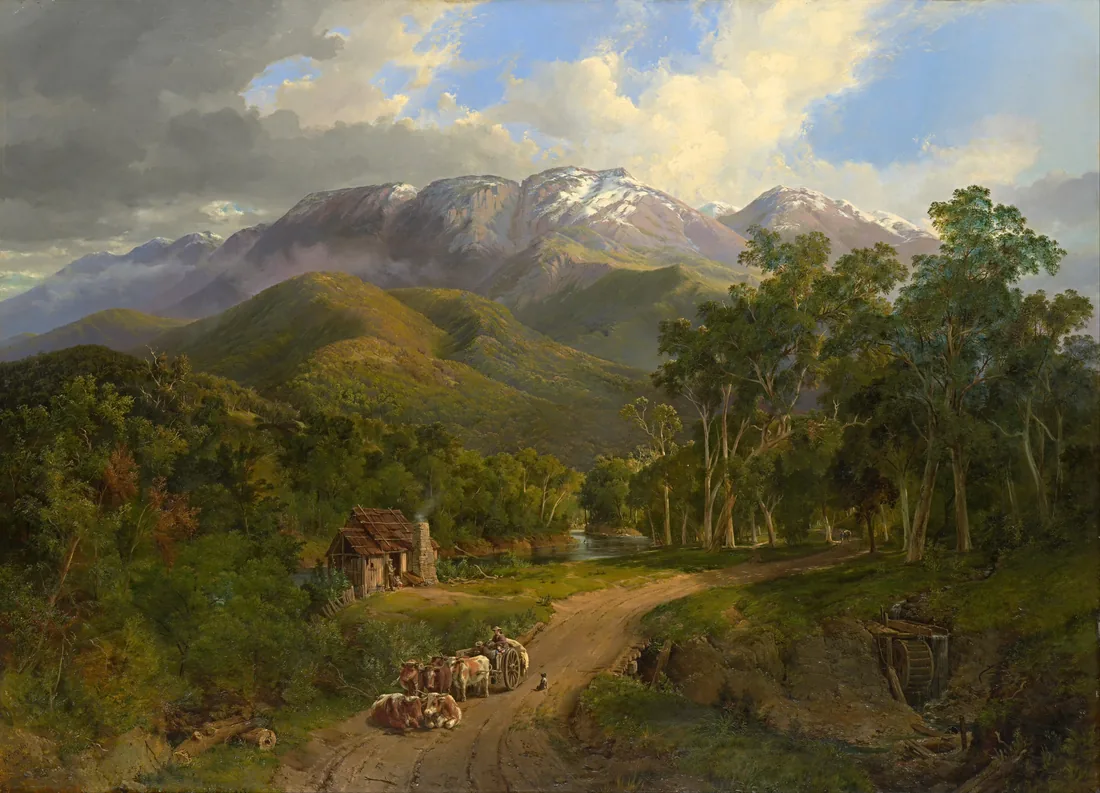 Nicholas Chevalier, "The Buffalo Ranges", 1864, an oil landscape of forested mountain ranges with a watercourse and cattle in the Victorian high country.