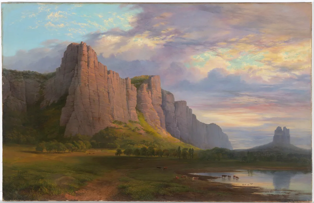 Nicholas Chevalier, "Mount Arapiles and the Mitre Rock", 1863, an oil painting of the sandstone massif and adjacent rock rising above the western Victorian plain.