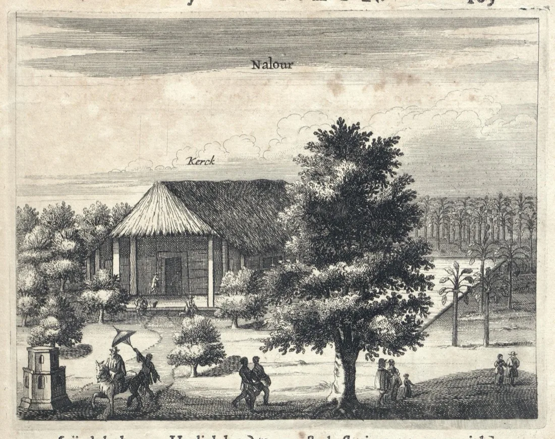 A 1672 engraving of the thatched church at Nallur in Jaffna, Ceylon, with trees and figures and a rider under a parasol.