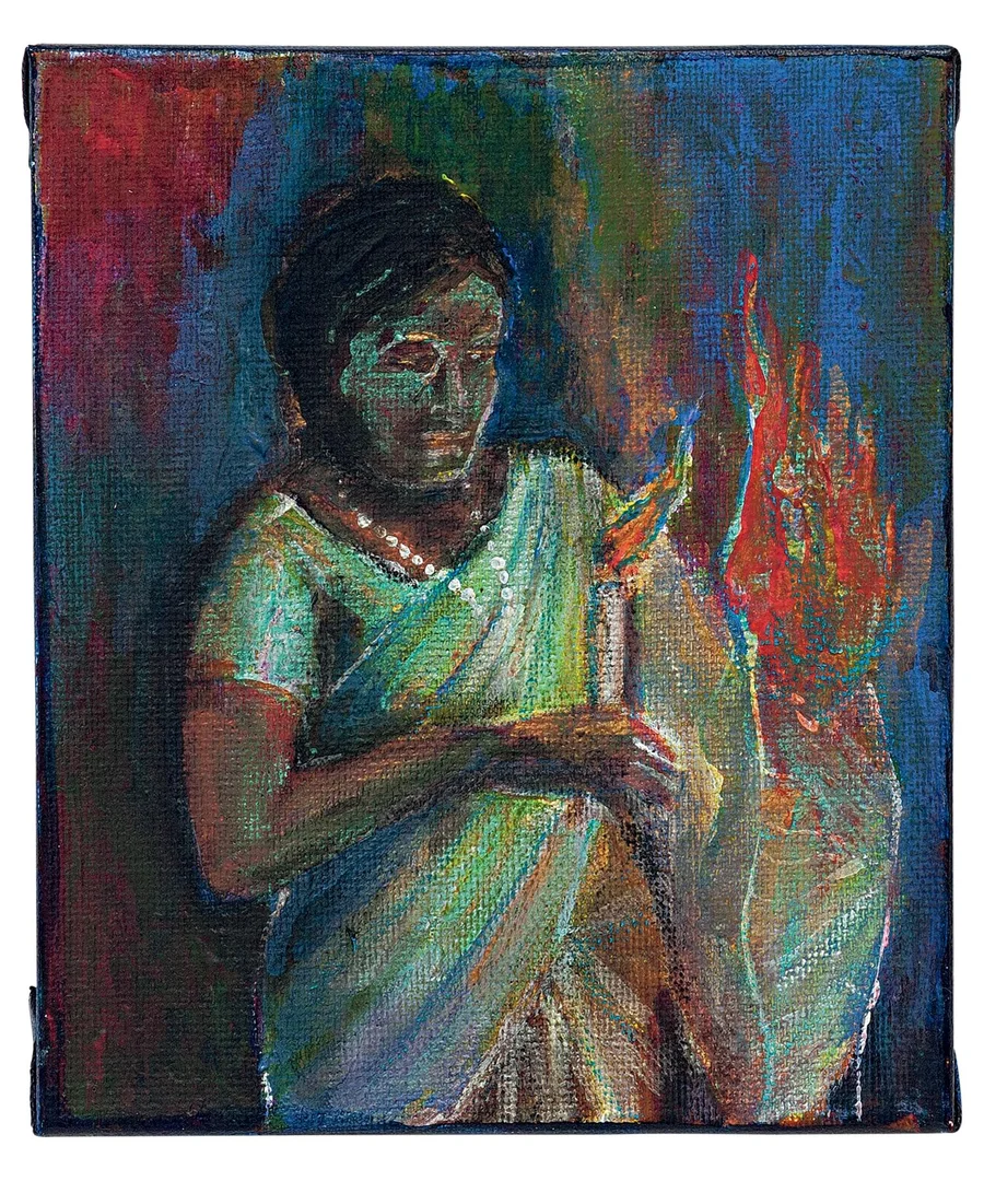 A painting of a seated woman against a richly coloured ground, by Priyanthi Anusha.