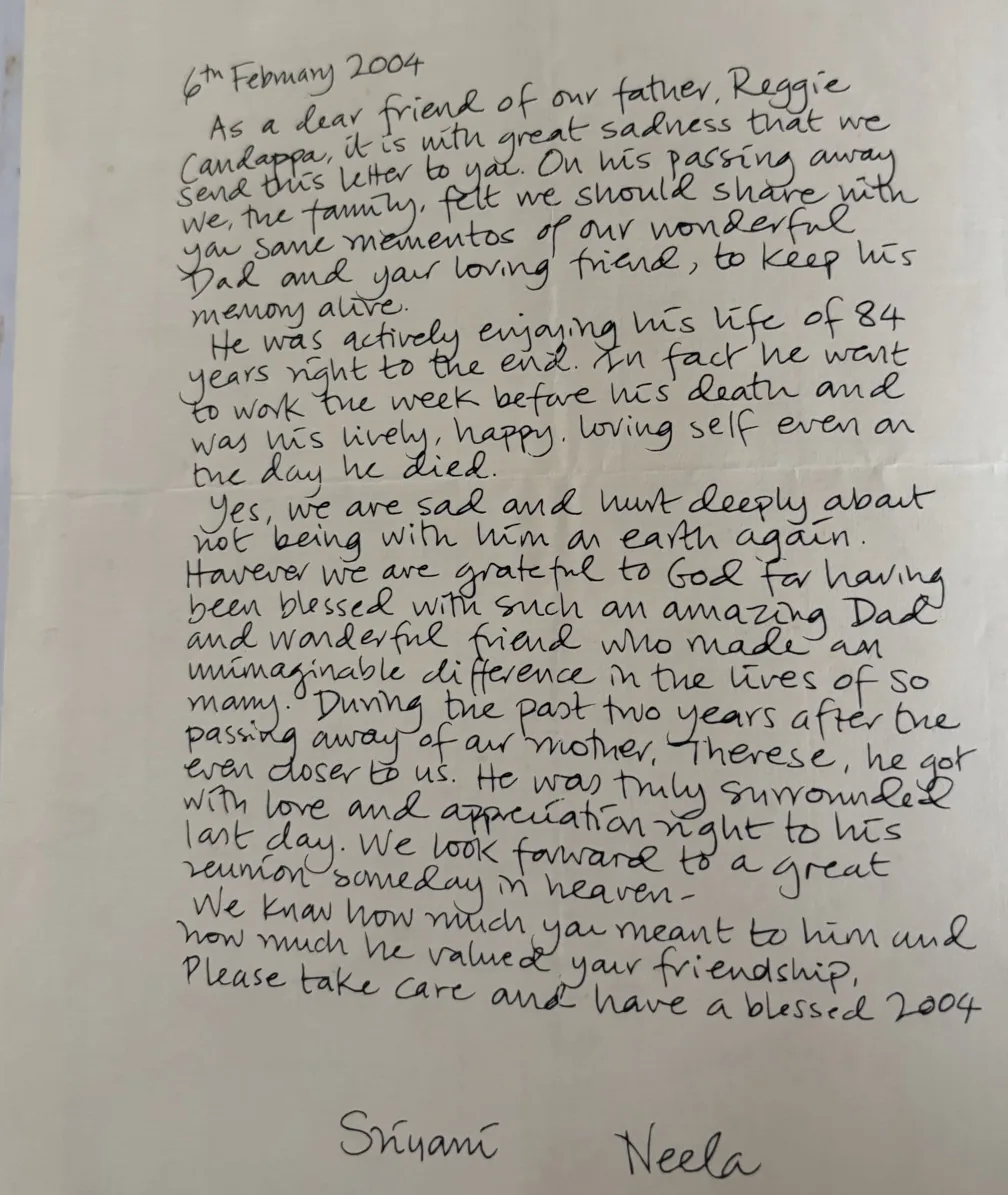 A handwritten letter of 6 February 2004 from Reggie Candappa's daughters, sent with mementos of their father after his death.