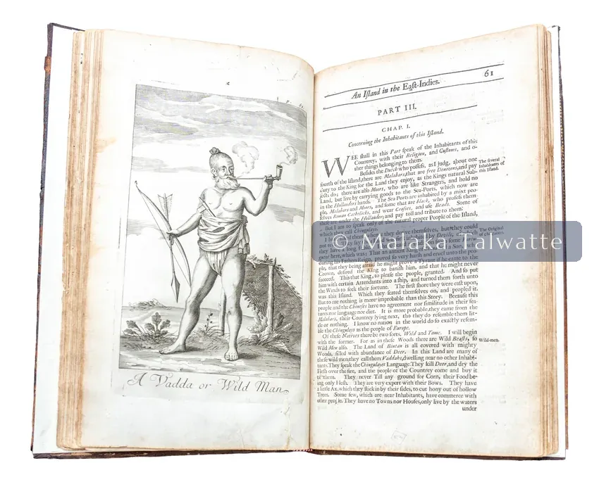 The 1681 first edition of An Historical Relation of the Island Ceylon, open to the engraving of a Vedda, or wild man, holding a bow.