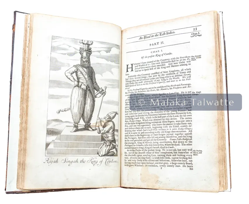 The 1681 first edition of An Historical Relation of the Island Ceylon, open to the engraving of Rajasingher, King of Ceylon, standing upon a dais.