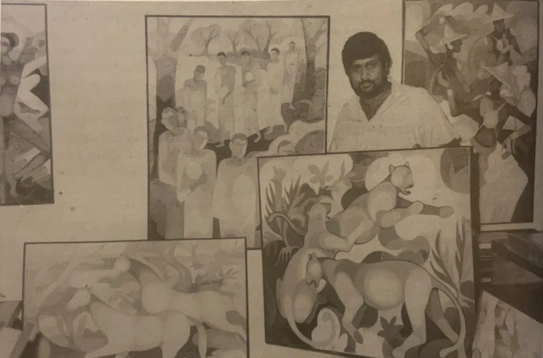 Archival photograph of Senaka Senanayake among his paintings, 1981.