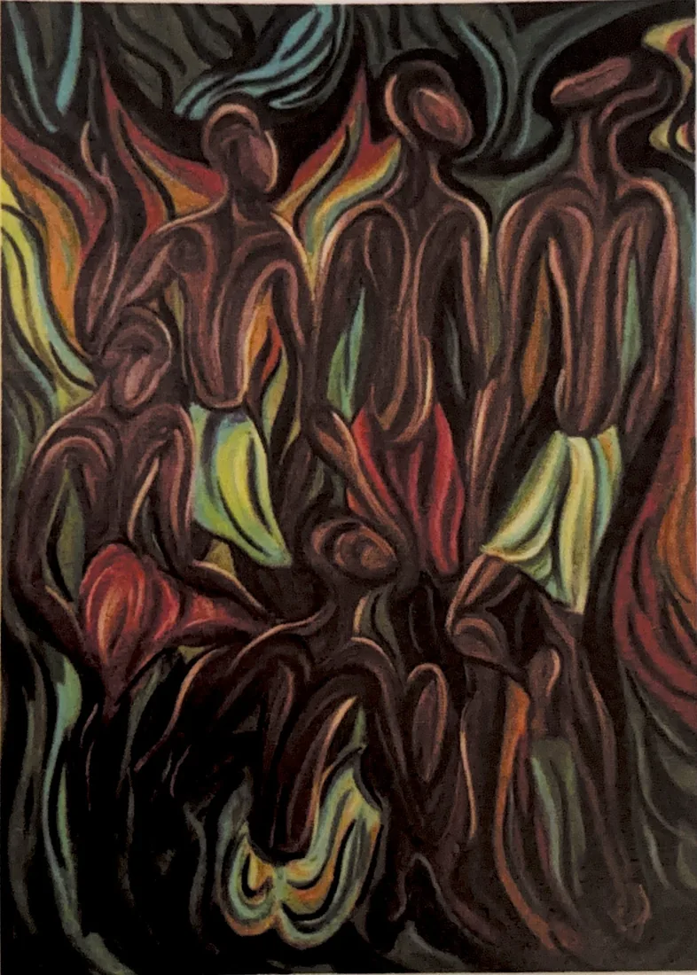 A Senaka Senanayake painting of male figures, completed at the age of twelve, 1963.