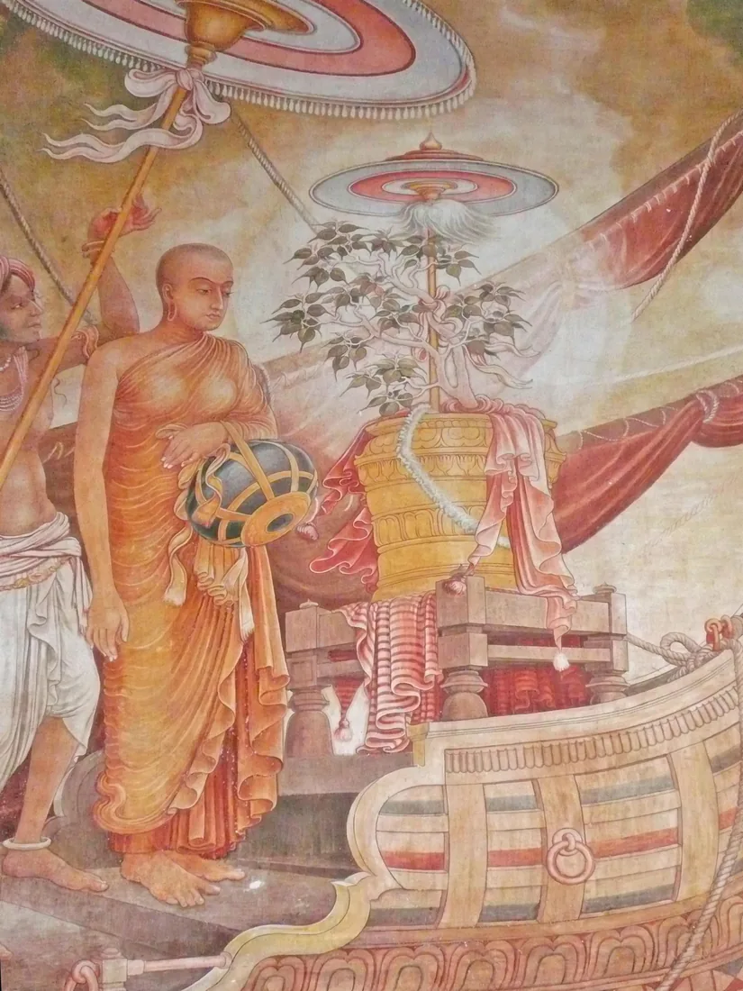 Solias Mendis mural at Kelaniya, showing Sanghamitta arriving by ship carrying a sapling of the sacred Bo tree from Bodh Gaya.