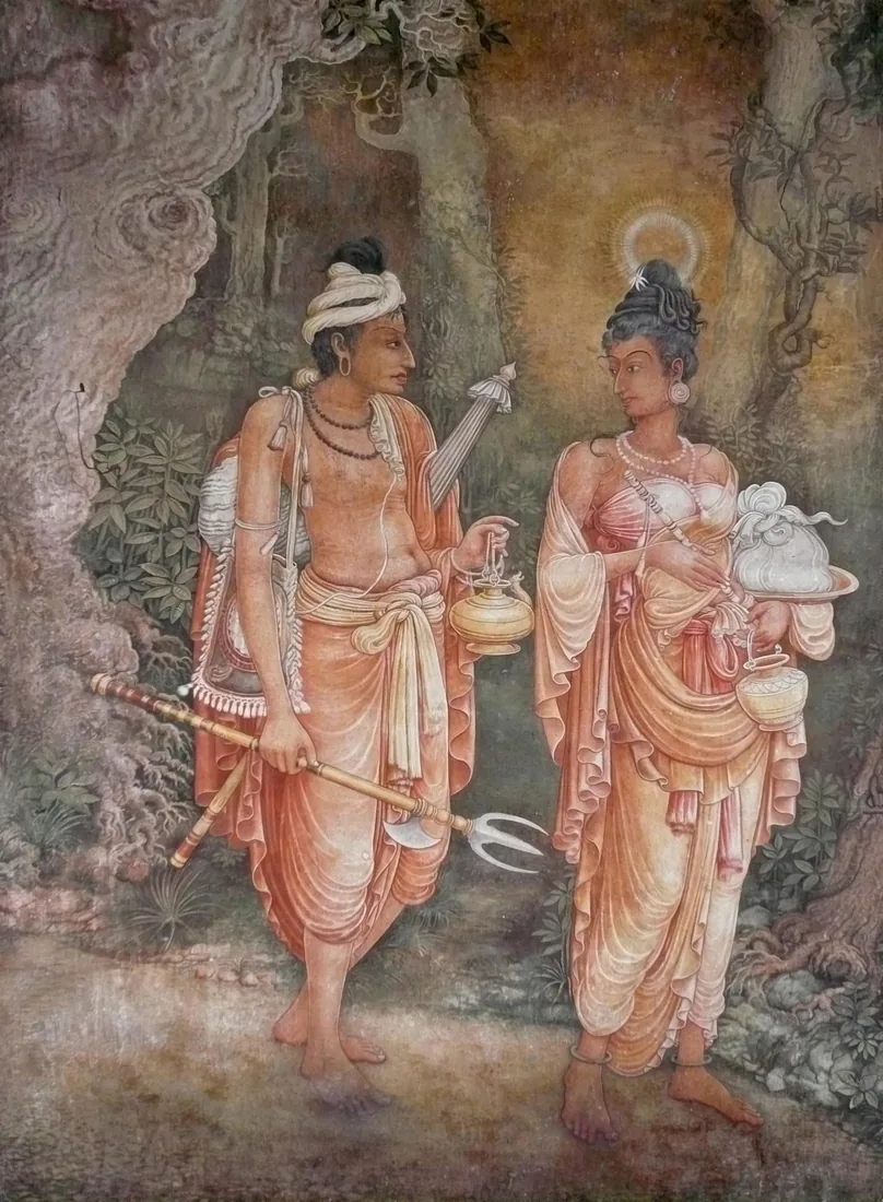 Solias Mendis mural at Kelaniya, showing the pilgrims Danta and Hemamala who carried the Buddha's tooth relic from India, the relic concealed in the woman's hair.