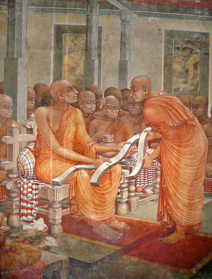 Solias Mendis mural at Kelaniya, showing the scholar-monk Buddhaghosa presenting his Visuddhimagga to the chief monk of the Mahavihara at Anuradhapura.