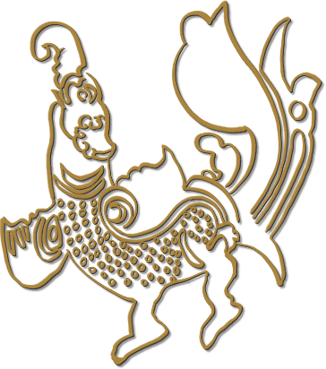 Line drawing of a makara, the composite monster of the arch, a crested prancing form.