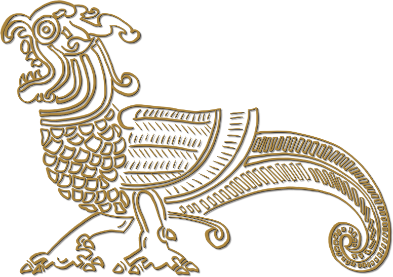 Line drawing of a sarapendiya, a mythical bird-beast with a scrolling tail and a creeper in its beak.