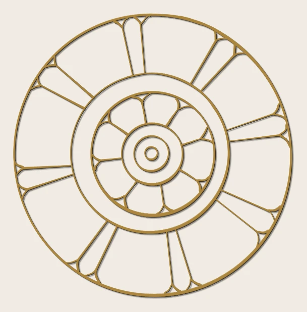 A lotus rosette in gold and ink line, a full-face nelum of concentric petals.