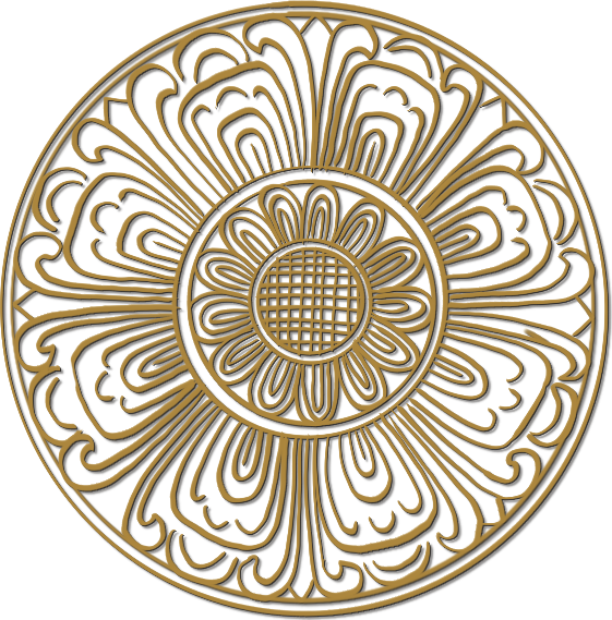 Line drawing of a lotus rosette, a full-face nelum of concentric petals.