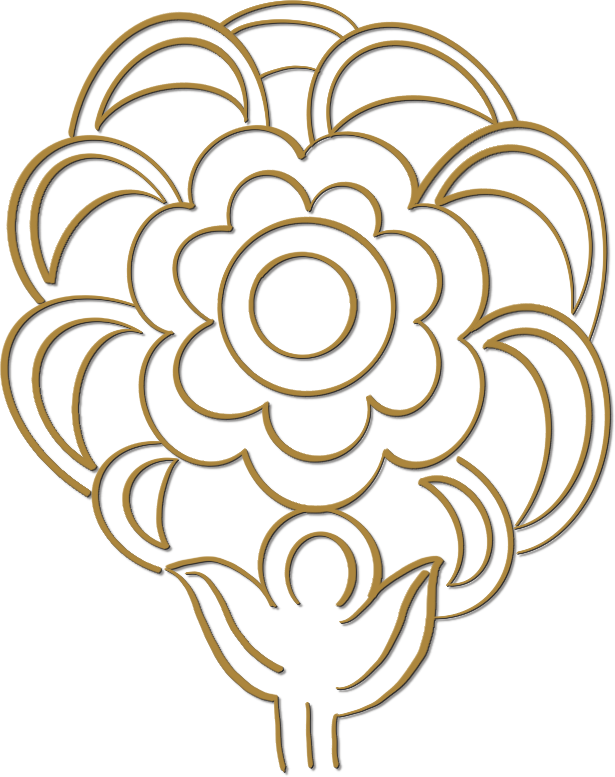 Line drawing of a decorative flower rosette, concentric rings of petals about a central boss.