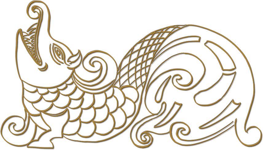 Line drawing of a single makara, the composite water-monster of the arch.
