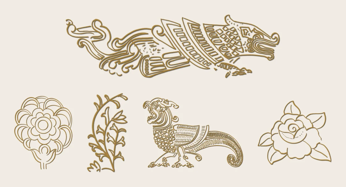 A group of Kandyan and southern temple motifs in gold and ink line: a makara, a decorative flower rosette, a somana floral scroll, a sarapendiya and a rose.