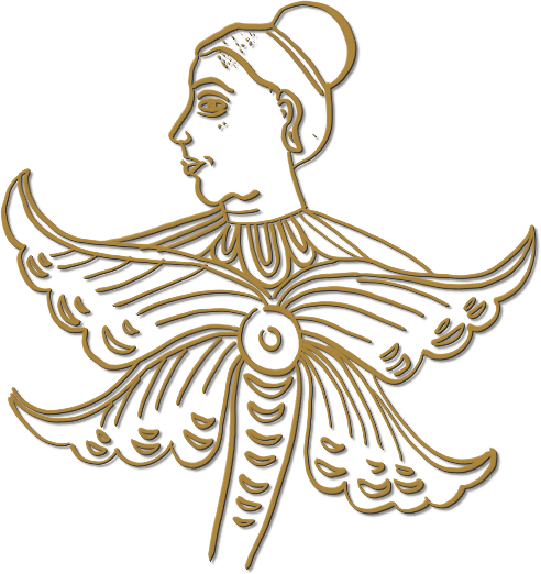Line drawing of a nari-lata, a woman's head and torso opening from the petals of a temple creeper.