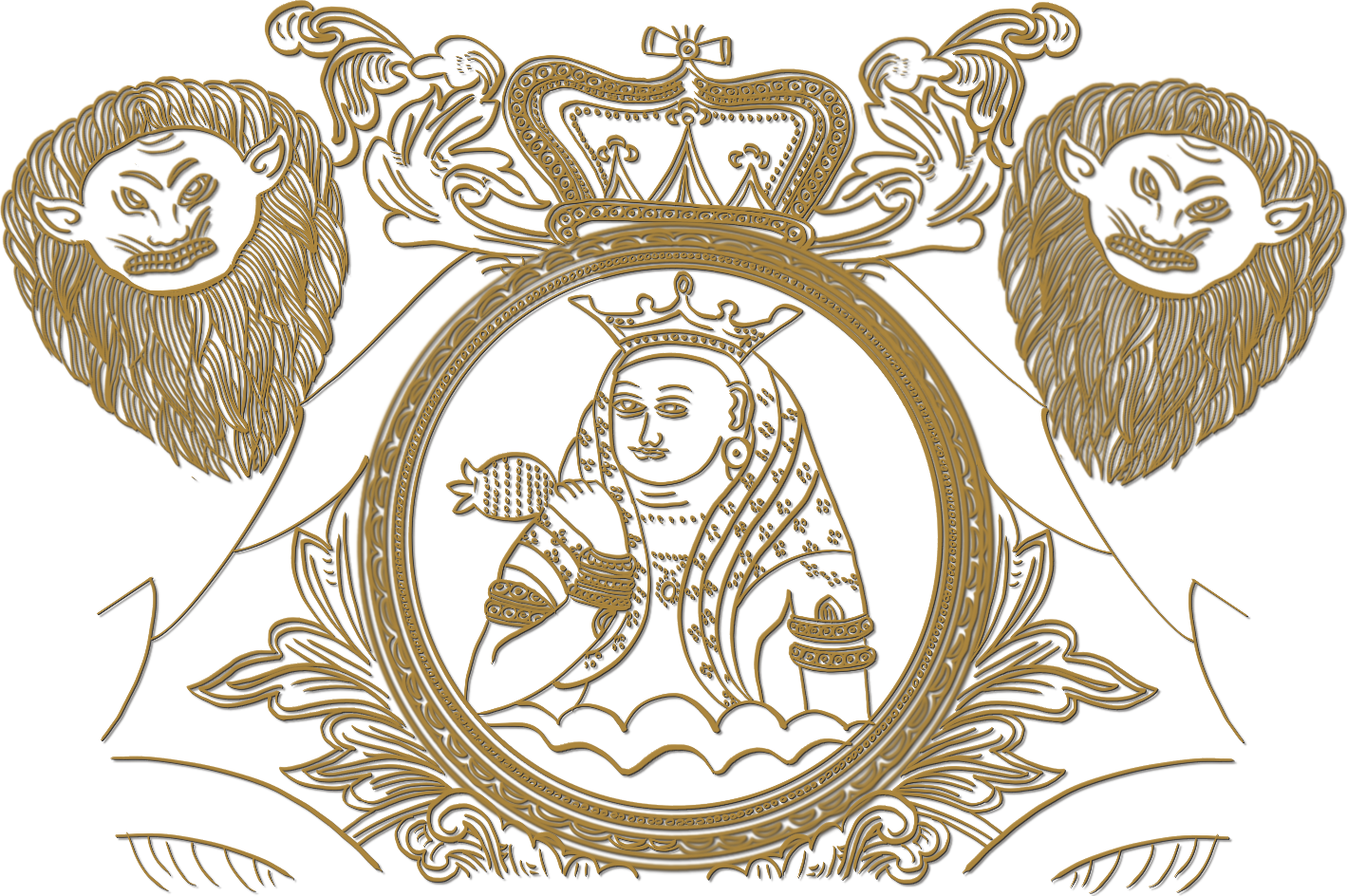Line drawing of Queen Victoria in the temple idiom, crowned and holding an orb within a medallion flanked by the lions of the British arms.