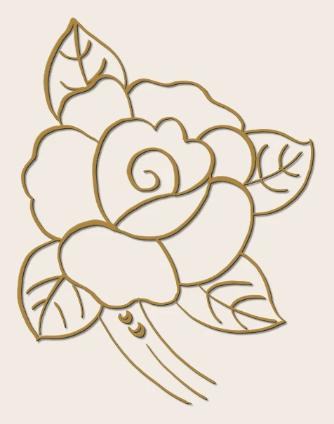 A rose in gold and ink line, redrawn from the painted ornament of the Kataluwa temple.
