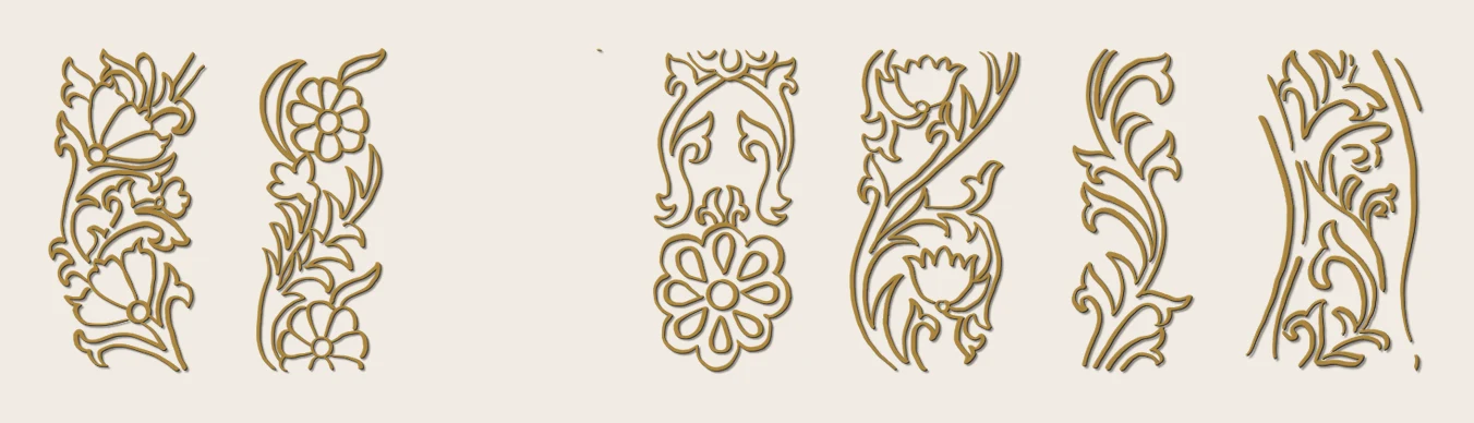 Six decorative floral scroll designs in gold and ink line, redrawn from the painted somana cloth borders of the temple.