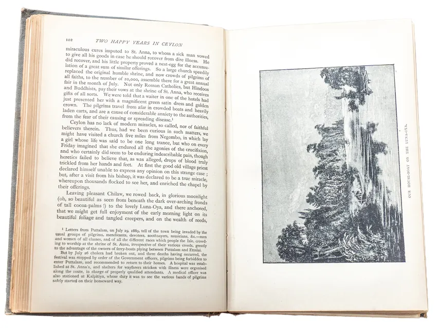 An open copy of Two Happy Years in Ceylon, showing a page of text facing a wood-engraved plate.