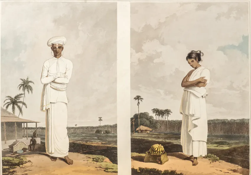 Samuel Daniell's 1808 aquatint: Portraits of a Gentoo Man and Woman.