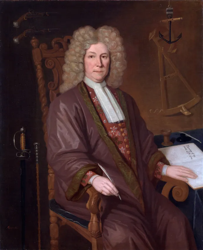 An oil portrait of Robert Knox, seated in a long grey wig and robe, with a sword, a sextant and an anchor about him.