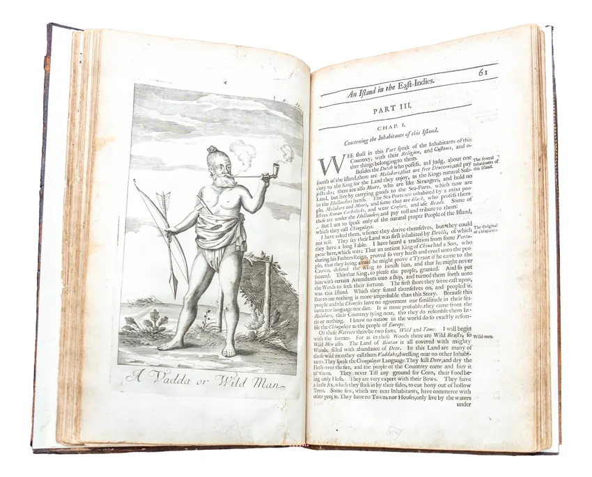 The 1681 first edition open to the engraving of a Vedda, or wild man, holding a bow.
